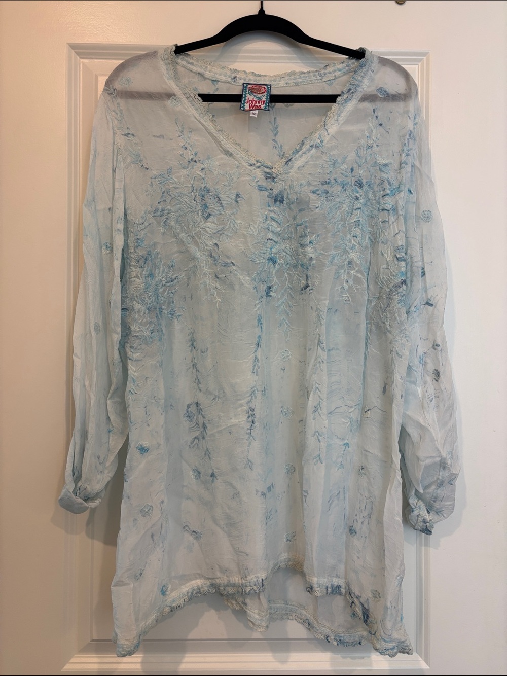 Johnny Was Pale Blue Sheer Embroidered V-Neck Tunic